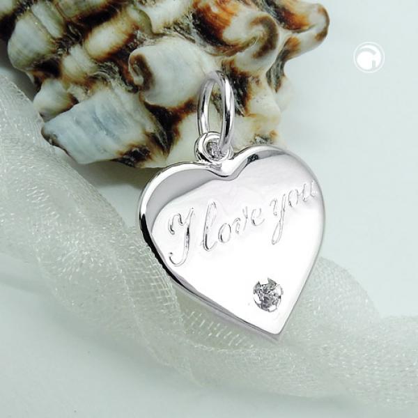 Anhänger 16mm Herz mit Schriftzug - I love you- und Zirkonia glänzend Silber 925 Anhänger 16mm Herz mit Schriftzug - I love you- und Zirkonia glänzend Silber 925