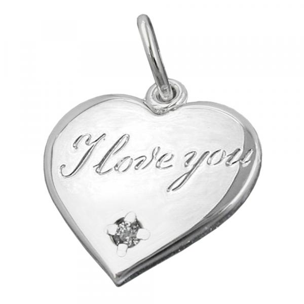 Anhänger 16mm Herz mit Schriftzug - I love you- und Zirkonia glänzend Silber 925 Anhänger 16mm Herz mit Schriftzug - I love you- und Zirkonia glänzend Silber 925
