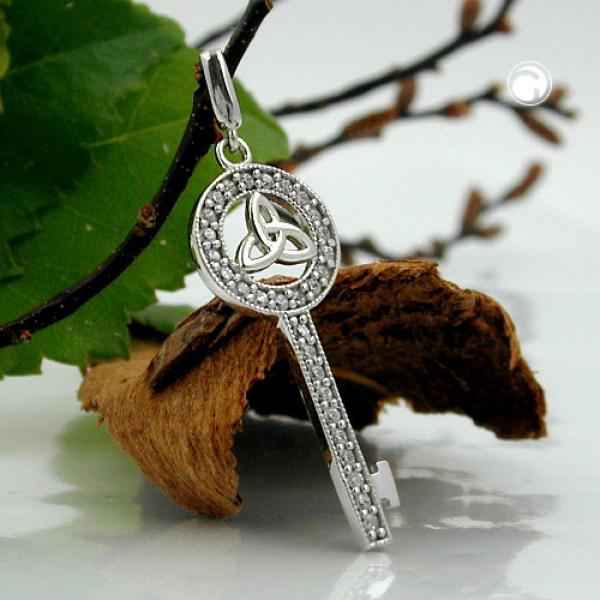 Anhänger 27x11mm Schlüssel mit Triqueta und Zirkonias rhodiniert Silber 925 Anhänger 27x11mm Schlüssel mit Triqueta und Zirkonias rhodiniert Silber 925