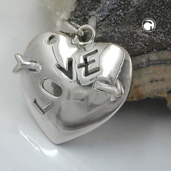Anhänger 21x21mm Herz mit Pfeil und Inschrift - LOVE - glänzend rhodiniert Silber 925