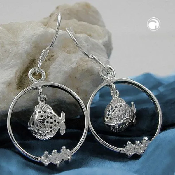 Ohrhaken 37x18mm Fisch im Ring mit Zirkonias glänzend rhodiniert Silber 925 Ohrhaken 37x18mm Fisch im Ring mit Zirkonias glänzend rhodiniert Silber 925