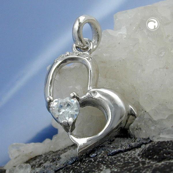 Anhänger 16x14mm Herz mit Delfin und Zirkonias glänzend Silber 925 Anhänger 16x14mm Herz mit Delfin und Zirkonias glänzend Silber 925