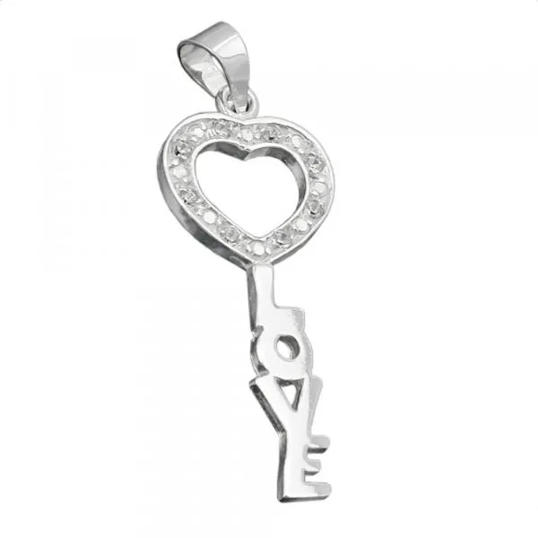 Anhänger 28x12mm Schlüssel LOVE mit Zirkonias glänzend Silber 925 Anhänger 28x12mm Schlüssel LOVE mit Zirkonias glänzend Silber 925