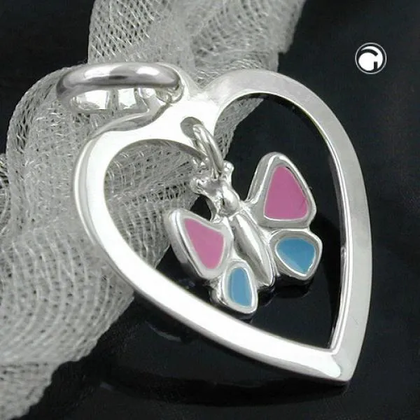Anhänger 17x15mm Herz mit Schmetterling farbig lackiert Silber 925 Anhänger 17x15mm Herz mit Schmetterling farbig lackiert Silber 925