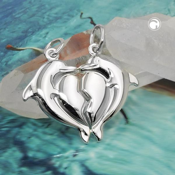 Anhänger 23x20mm Doppelanhänger 2 Delfine mit Herz glänzend Silber 925