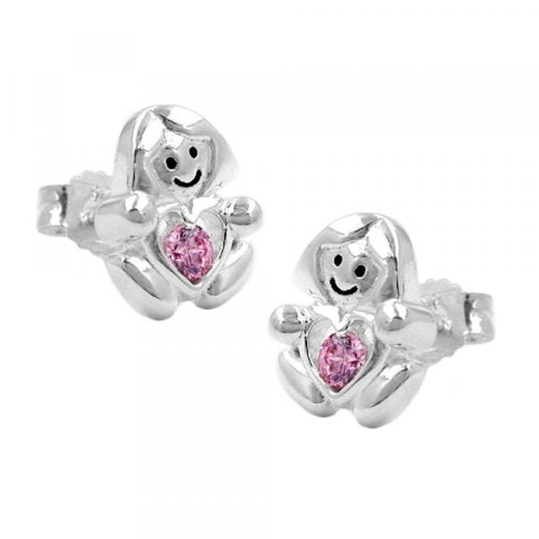 Ohrstecker Ohrring 95x8mm Kinderohrring Mädchen mit Herz Zirkonia pink glänzend Silber 925