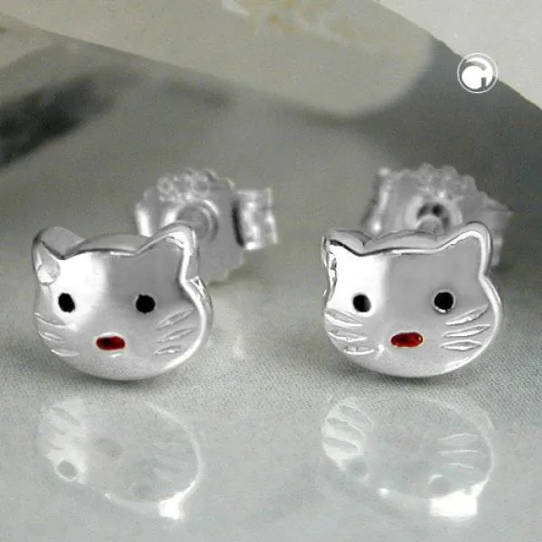 Ohrstecker Ohrring 5x6mm Kinderohrring Katzenkopf rot-schwarz lackiert glänzend Silber 925