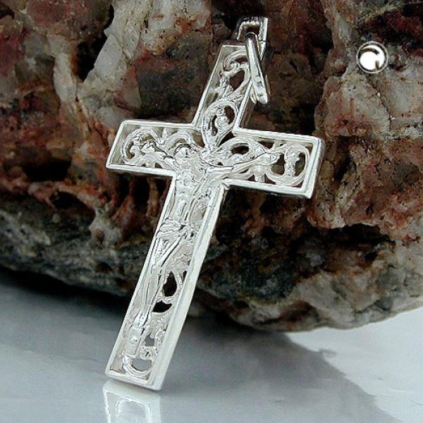 Anhänger 33x20mm Kreuz mit Jesus glänzend Silber, 925 Anhänger 33x20mm Kreuz mit Jesus glänzend Silber, 925