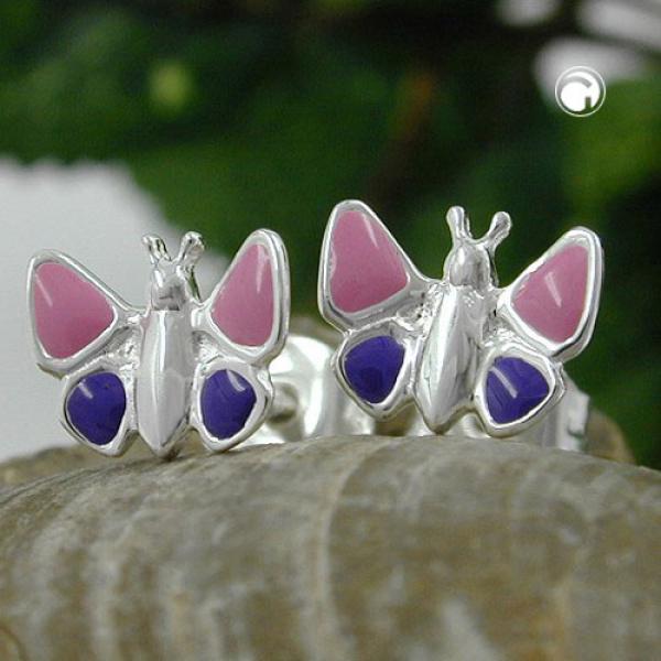 Ohrstecker Ohrring 8mm Kinderohrring Schmetterling pink-lila-lackiert Silber 925