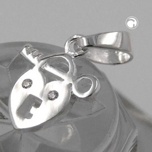 Anhänger 13x11mm Herz Schloss mit Schlüssel mit Zirkonia glänzend Silber 925