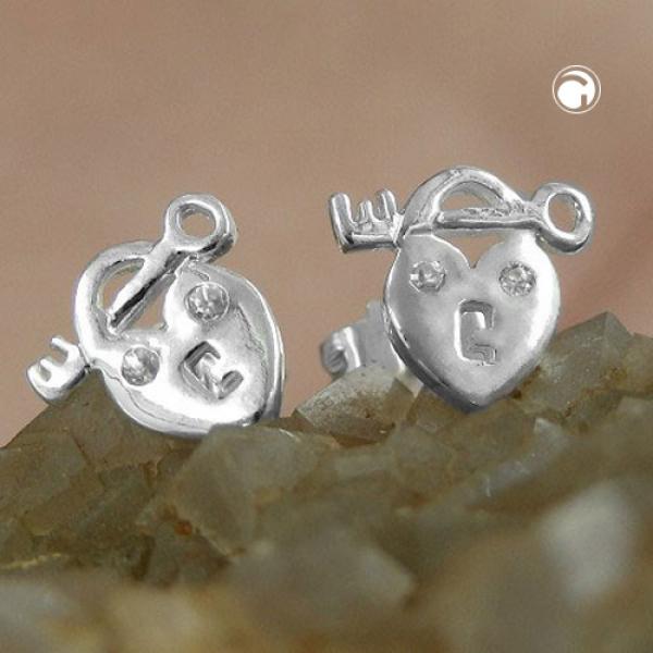 Ohrstecker Ohrring 9x8mm Herz Schloss und Schlüssel mit Zirkonia glänzend Silber 925