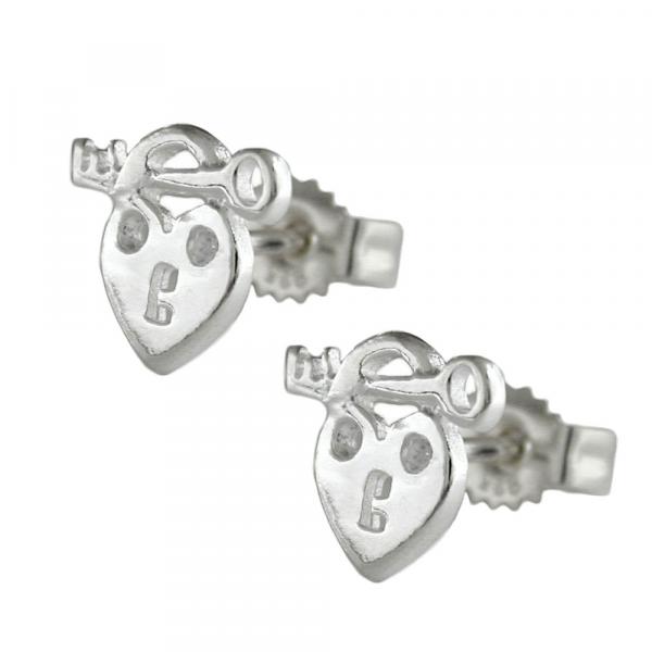 Ohrstecker Ohrring 9x8mm Herz Schloss und Schlüssel mit Zirkonia glänzend Silber 925