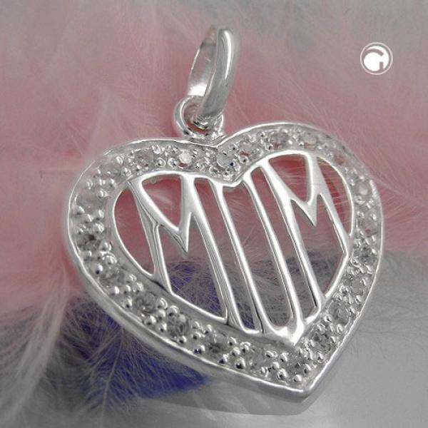 Anhänger 20mm Herz mit vielen Zirkonias und filigraner Inschrift MOM Silber 925 Anhänger 20mm Herz mit vielen Zirkonias und filigraner Inschrift MOM Silber 925