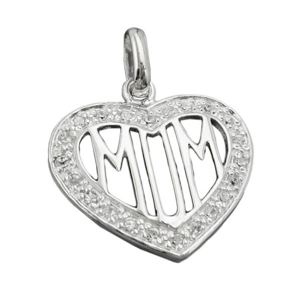 Anhänger 20mm Herz mit vielen Zirkonias und filigraner Inschrift MOM Silber 925 Anhänger 20mm Herz mit vielen Zirkonias und filigraner Inschrift MOM Silber 925