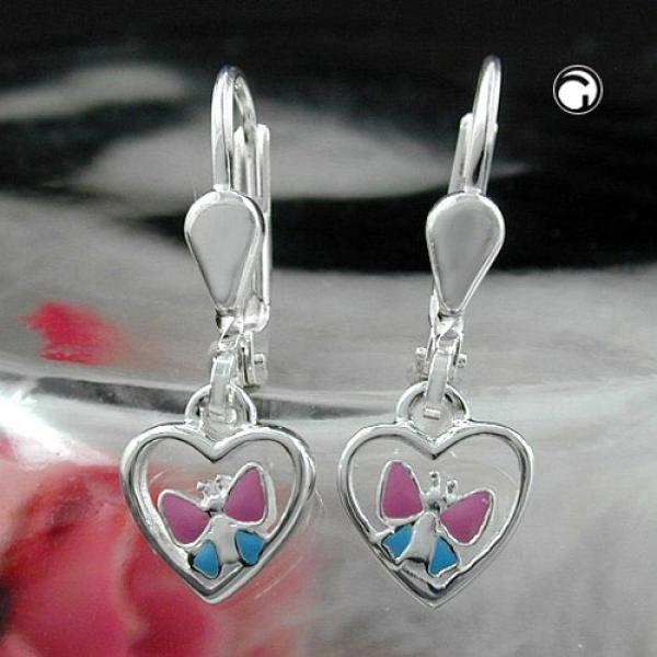 Brisur 23x7mm Ohrring Herz mit Schmetterling hellblau pink lackiert Silber 925 Brisur 23x7mm Ohrring Herz mit Schmetterling hellblau pink lackiert Silber 925