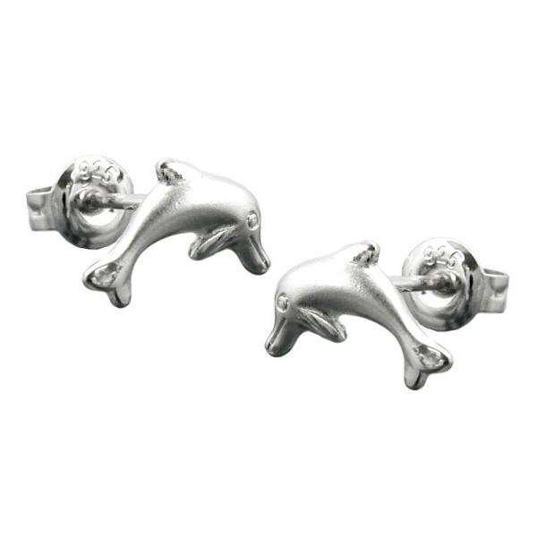 Ohrstecker Ohrring 10x5mm springender Delfin matt-glänzend rhodiniert Silber 925