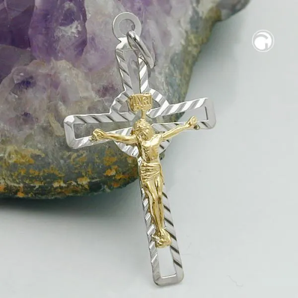 Anhänger 40x24mm Kreuz Jesus bicolor glänzend diamantiert Silber 925 Anhänger 40x24mm Kreuz Jesus bicolor glänzend diamantiert Silber 925