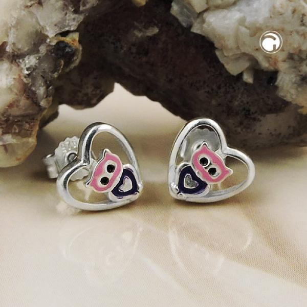 Ohrstecker Ohrring 8mm kleine Eule im Herz lila-pink glänzend Silber 925 Ohrstecker Ohrring 8mm kleine Eule im Herz lila-pink glänzend Silber 925