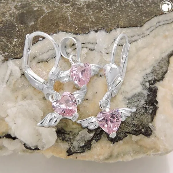 Set 13x8mm Anhänger und Ohrringe Herz-Zirkonia pink mit Flügeln Silber 925 Set 13x8mm Anhänger und Ohrringe Herz-Zirkonia pink mit Flügeln Silber 925