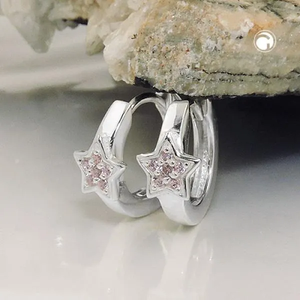 Creole 12x2mm Klappscharnier Stern mit Zirkonias pink Silber 925
