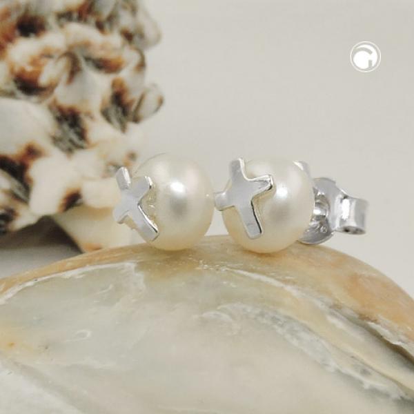 Ohrstecker Ohrring 6mm Süßwasserzuchtperle mit Silberkreuz Silber 925 Ohrstecker Ohrring 6mm Süßwasserzuchtperle mit Silberkreuz Silber 925