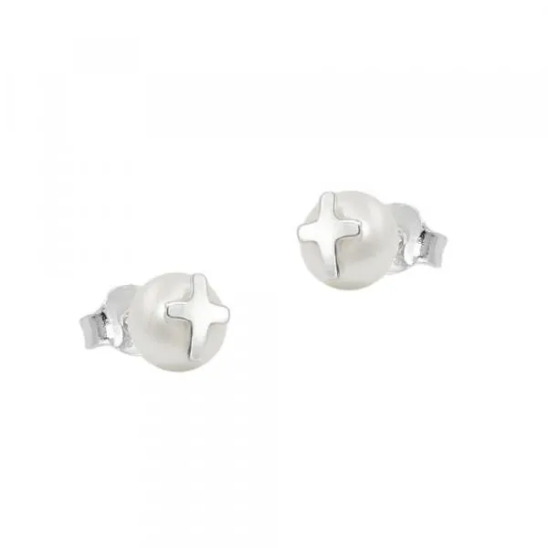 Ohrstecker Ohrring 6mm Süßwasserzuchtperle mit Silberkreuz Silber 925 Ohrstecker Ohrring 6mm Süßwasserzuchtperle mit Silberkreuz Silber 925