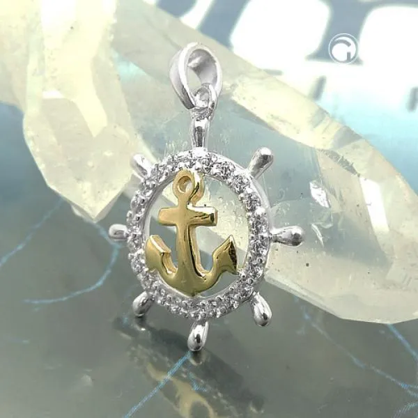 Anhänger 16mm Steuerrad mit Anker bicolor mit Zirkonias Silber 925 Anhänger 16mm Steuerrad mit Anker bicolor mit Zirkonias Silber 925