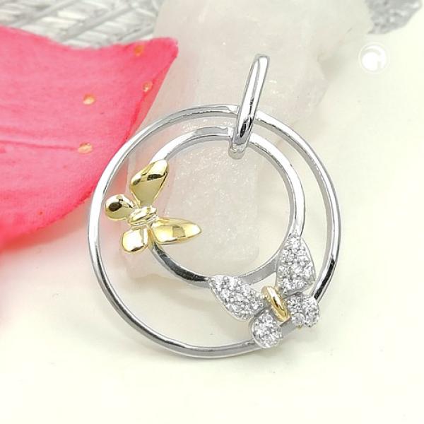 Anhänger 24mm mit 2 Schmetterlingen bicolor und mit Zirkonias Silber 925 Anhänger 24mm mit 2 Schmetterlingen bicolor und mit Zirkonias Silber 925