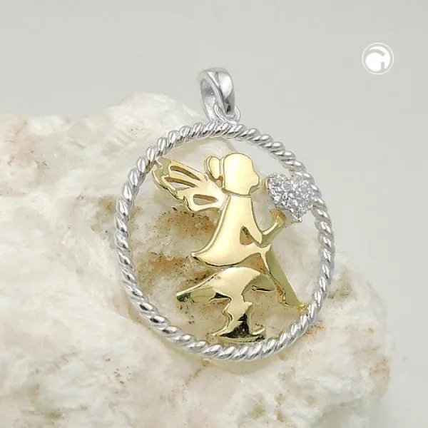 Anhänger 21mm Elfe bicolor mit Herz aus Zirkonias Silber 925 Anhänger 21mm Elfe bicolor mit Herz aus Zirkonias Silber 925