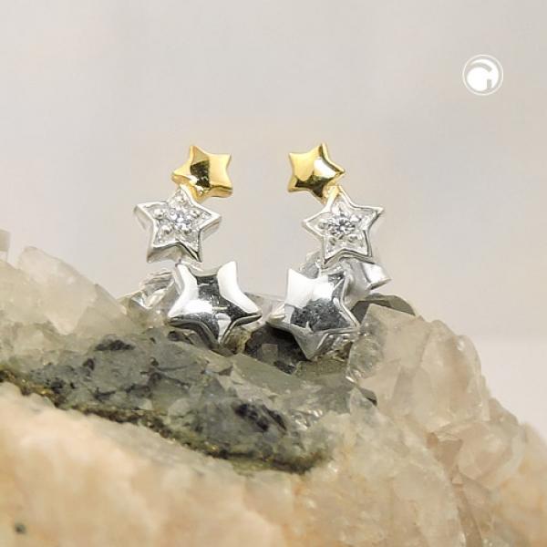 Ohrstecker Ohrring 11x5mm Sternentrio mit Zirkonia bicolor Silber 925