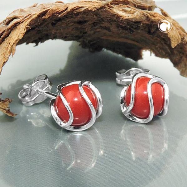 Ohrstecker Ohrring 7mm aufgearbeitete Koralle rot matt umwickelt Silber 925 Ohrstecker Ohrring 7mm aufgearbeitete Koralle rot matt umwickelt Silber 925
