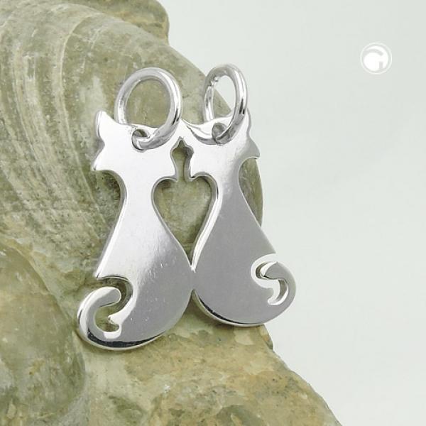 Anhänger 18x21mm Doppel Katzen glänzend Silber 925 Anhänger 18x21mm Doppel Katzen glänzend Silber 925