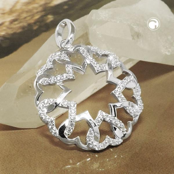 Anhänger 21mm Kreis aus Herzen glänzend und mit Zirkonias Silber 925 Anhänger 21mm Kreis aus Herzen glänzend und mit Zirkonias Silber 925
