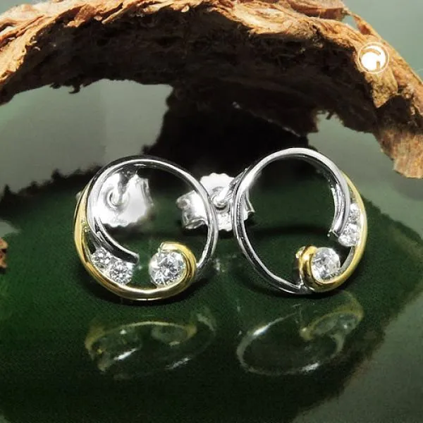 Ohrstecker Ohrring 9mm Kreis mit Spirale bicolor mit Zirkonias Silber 925