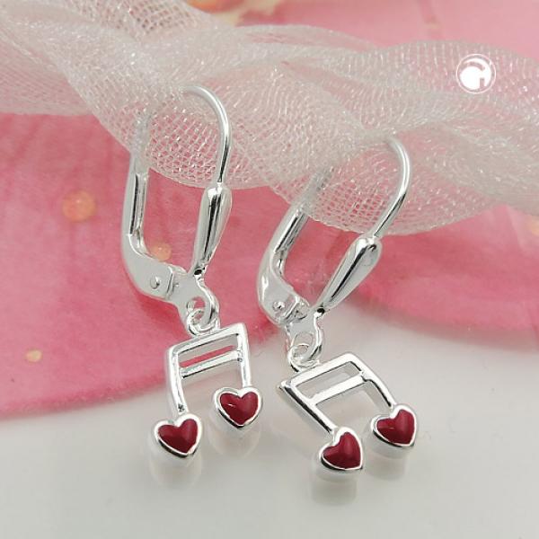 Ohrbrisur Ohrhänger Ohrringe 24x7mm Musiknote Doppelnoten mit Herz rot Silber 925 Ohrbrisur Ohrhänger Ohrringe 24x7mm Musiknote Doppelnoten mit Herz rot Silber 925