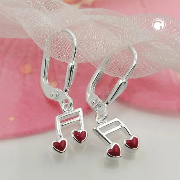 Ohrbrisur Ohrhänger Ohrringe 24x7mm Musiknote Doppelnoten mit Herz rot Silber 925 Ohrbrisur Ohrhänger Ohrringe 24x7mm Musiknote Doppelnoten mit Herz rot Silber 925