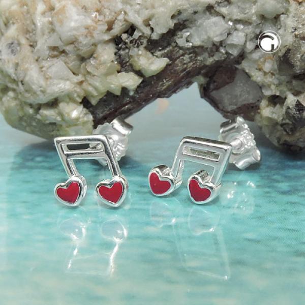 Ohrstecker Ohrringe 6x7mm Musiknote Doppelnoten mit Herz rot Silber 925 Ohrstecker Ohrringe 6x7mm Musiknote Doppelnoten mit Herz rot Silber 925