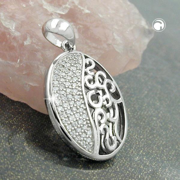 Anhänger 20x15mm oval mit Zirkonias glänzend rhodiniert Silber 925 Anhänger 20x15mm oval mit Zirkonias glänzend rhodiniert Silber 925