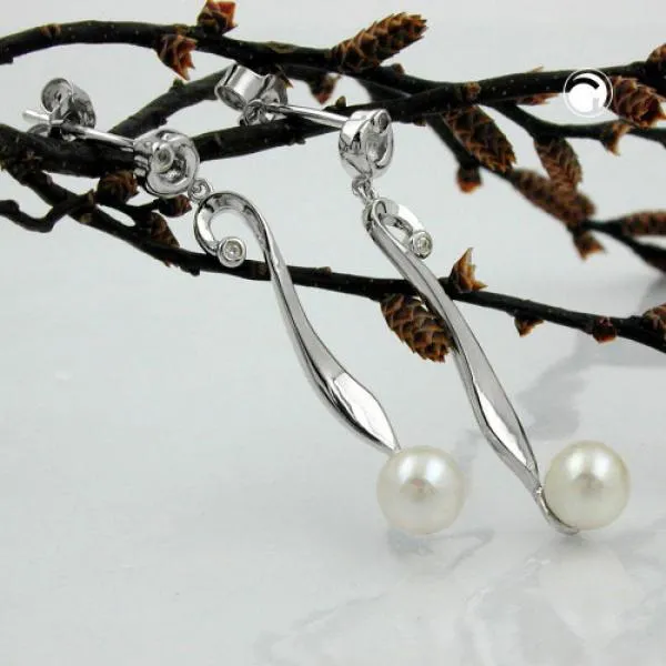 Ohrstecker Ohrring 34x6mm Ohrhänger mit Zuchtperle 6mm und Zirkonia rhodiniert Silber 925