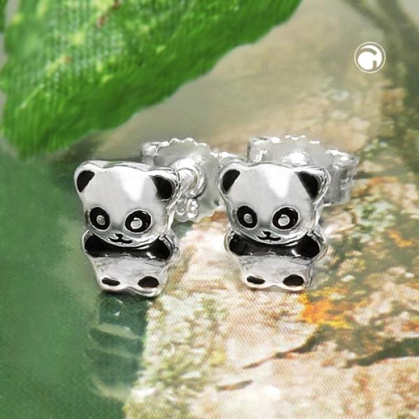 Ohrstecker Ohrring 6x5mm kleiner Pandabär glänzend schwarz lackiert Silber 925