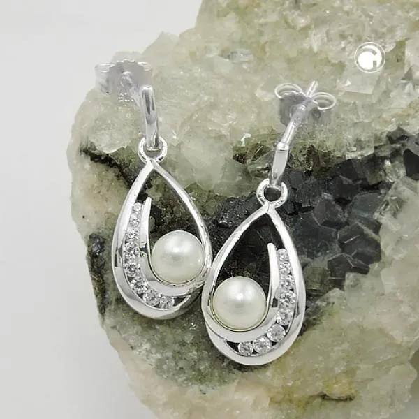 Ohrstecker Ohrring Ohrhänger 20x9mm Süßwasserzuchtperle mit Zirkonias Silber 925 Ohrstecker Ohrring Ohrhänger 20x9mm Süßwasserzuchtperle mit Zirkonias Silber 925