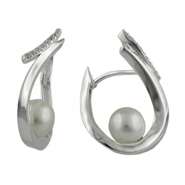 Ohrring Creole Klappscharnier 23x15mm mit Zirkonias und Zuchtperle Silber 925 Ohrring Creole Klappscharnier 23x15mm mit Zirkonias und Zuchtperle Silber 925