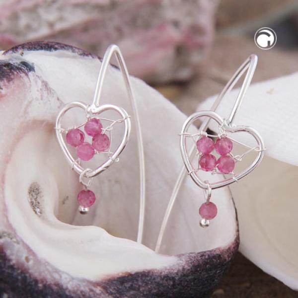 Ohrhaken Ohrring 33x105mm Herz mit Geflecht und rosa Glassteinen Silber 925