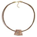 Kette Kunststoffperle Trapez beige marmoriert matt Kordel braun 45cm