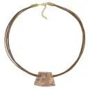 Kette Kunststoffperle Trapez beige marmoriert matt Kordel braun 45cm