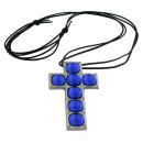 Kette 69x42mm Zinn-Anhänger Kreuz mit 7x Glasstein blau-safir 110cm