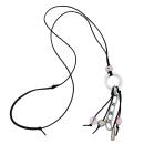 Kette Ring Aluminium hellgrau Perlen silberfarben rosa Kordel schwarz 80cm